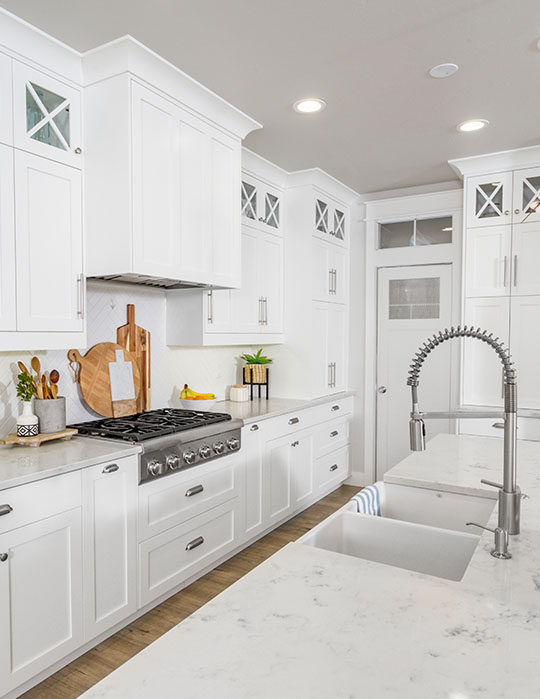 white airy kitchen with marble countertop