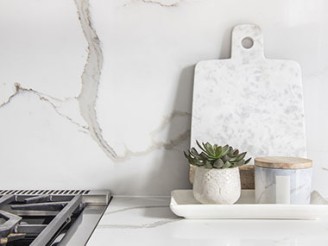 marble kitchen countertop with kitchen decorations